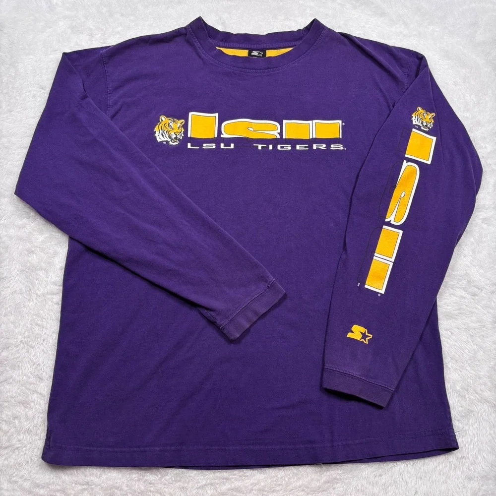 VTG 90s Starter LSU Tigers Long Sleeve T-Shirt Men XL Purple Spellout Fan Alumni